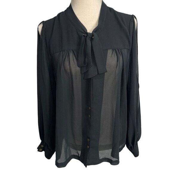 Forever 21 Solid Black Long Sleeve Button Down Tie Front Open Sleeve Blouse M - Picture 2 of 13